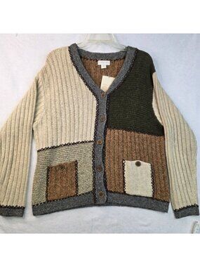 Vintage 90s Northern Isles Patchwork Cardigan M Brown Grey Color Block Oversized